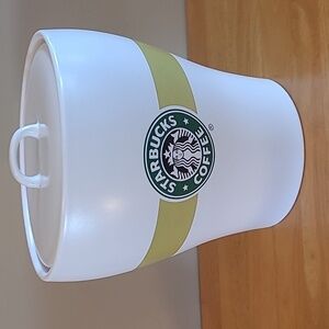 STARBUCKS Retired Ceramic Coffee Canister/Cookie Jar, Lime Green Stripe And Logo